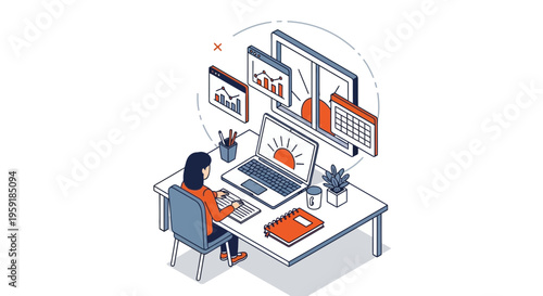 Woman desk work on laptop sun data chart day job task goal plan sit up