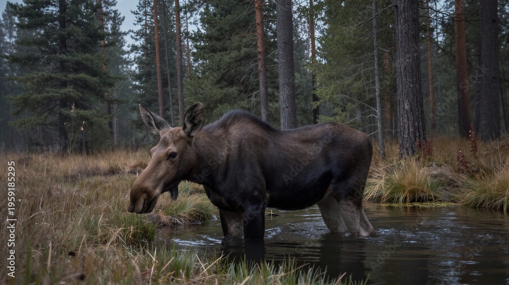 Fototapeta premium A majestic moose stands in a serene forest pool, its head turned slightly to the camera with calm curiosity.