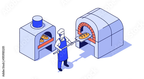 A baker man gets hot bread out of an oven at work isometric vector art