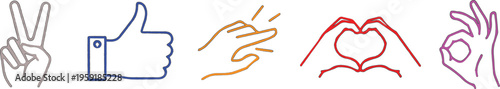 Collection of hand gestures and icons including peace sign thumbs up snapping fingers heart shape