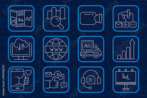 Logistics set icon. Warehouse shelves, parcel locker, damaged box warning, storage hangar, depot building, open carton, cargo truck, barcode scanner, wooden crate, forklift, return package