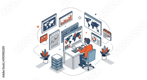 Man at desk with map and info on screen for global network work task pro