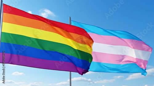 Two colorful flags waving against a bright blue sky with clouds