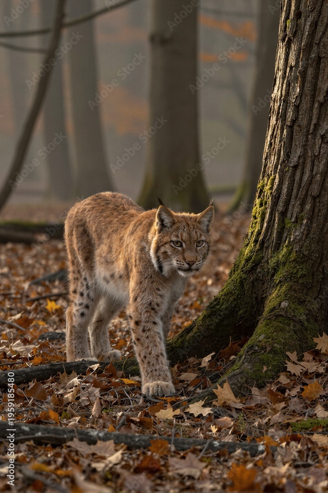 Fototapeta premium A young lynx stands watchfully on the crunchy forest floor, its tawny fur blending with the rustling leaves as an overcast autumn day casts a soft, muted glow.