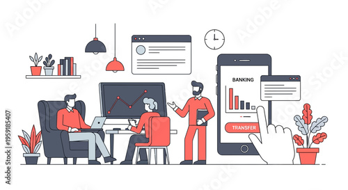 Bank app vector with people who use web to pay bill and save cash fast