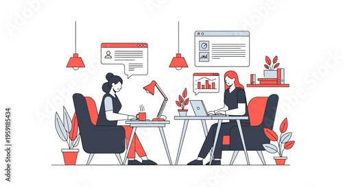 Work at home two women use laptop on desk and data chart web page flat vector art