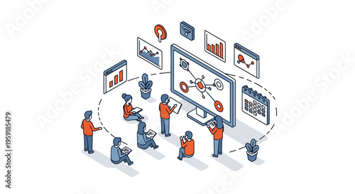 Isometric network connectivity overview team working on digital data analytics statistics using computer screen display