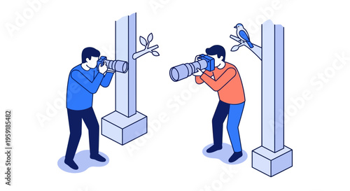 two men and a camera and a lens and a bird and a tree and a leaf