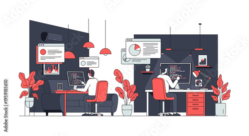 A tech team of two men who work hard at code on desks in office