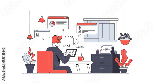 A Boy Who Does Study Math Online On A Tablet At His Home Desk Now