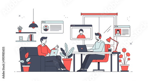 Two men work at home on laptops in a video call for a new job