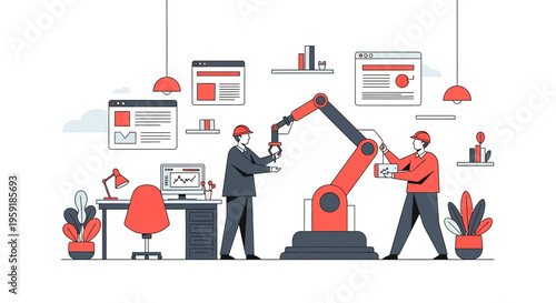 Two engineers in lab working on red robotic arm with computer screens tools and data dashboard
