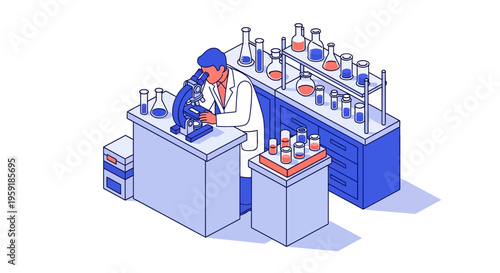 A male lab pro uses a tool to see a cell in a small blue room
