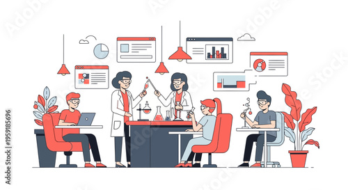 A lab team of scientists in work with data and tools for a new study