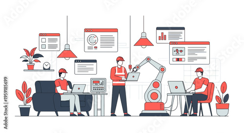 Industrial engineers and technical staff working with laptops to manage an automated robotic arm in a modern smart factory setting