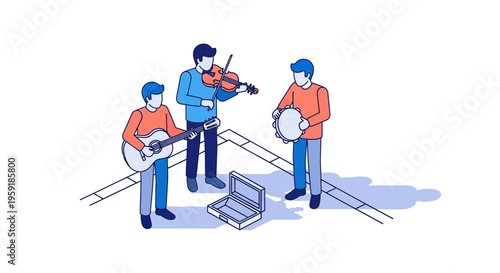 Three young men playing acoustic guitar violin and tambourine together as street performers in the city