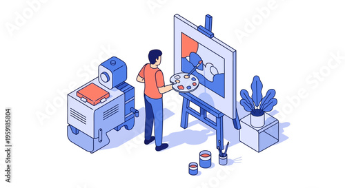 Man artist paint on canvas in studio using brush palette easel and blue machine art hobby