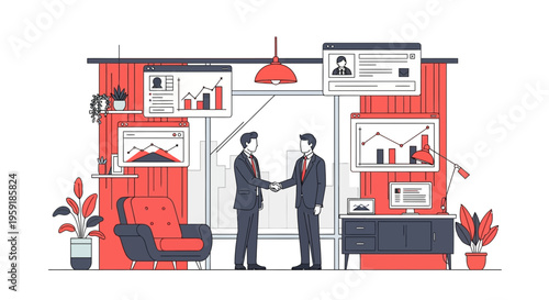 Two men do a good job and shake hands for work in big office now