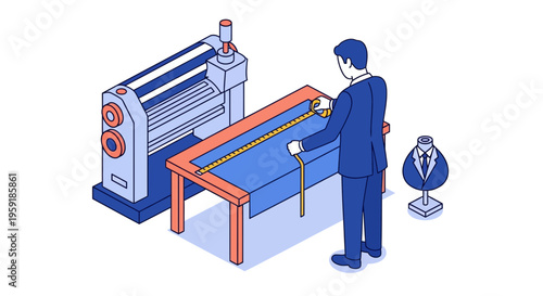 A pro male tailor in suit at work in a small shop of cloth art