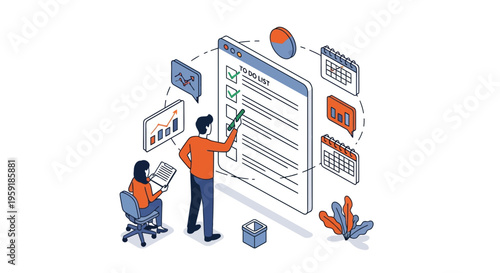 Team work on task list app with data chart for job plan and goal reach