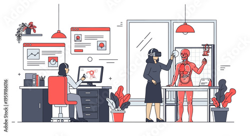 Two women study human body in lab with vr gear and a set of new tools