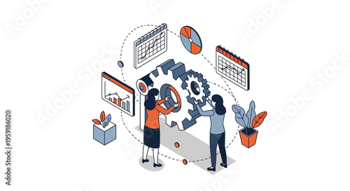 Team work on data flow plan for firm goal with gear tool and web chart