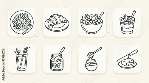 Minimalist black-and-white breakfast icon set with waffle, croissant, fruit bowl, yogurt, smoothie, jam, honey dipper, and butter knife.