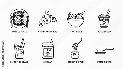Minimalist black-and-white breakfast icon set with waffle, croissant, fruit bowl, yogurt, smoothie, jam, honey dipper, and butter knife.