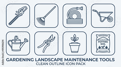 Minimalist black-and-white gardening tools icon set with chainsaw, rake, hose, wheelbarrow, watering can, shears, plant, and soil bag.
