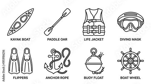 Minimalist black-and-white boating and diving icon set with kayak, paddle, life jacket, mask, flippers, rope, buoy, and wheel.