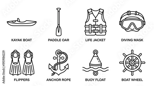 Minimalist black-and-white boating and diving icon set with kayak, paddle, life jacket, mask, flippers, rope, buoy, and wheel.