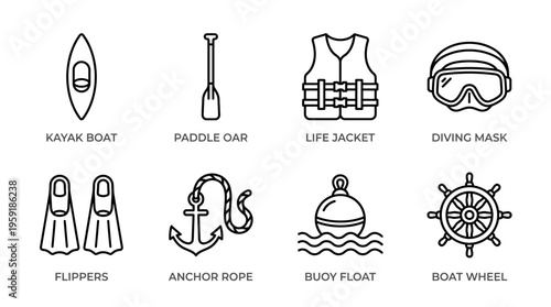 Minimalist black-and-white boating and diving icon set with kayak, paddle, life jacket, mask, flippers, rope, buoy, and wheel.