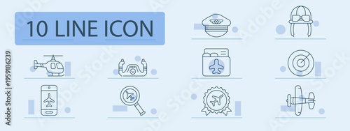 Aviation set icon. Helicopter, pilot, headset, ticket, smartphone, search, badge, airplane, flight, airport, travel, transport, boarding, tourism, navigation, journey