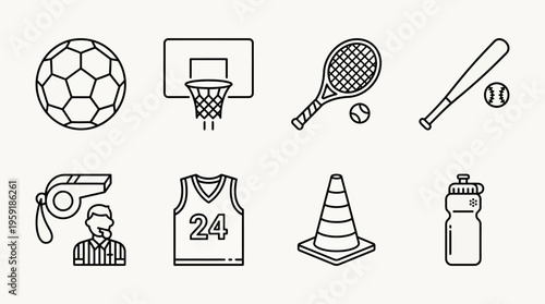 Minimalist black-and-white sports icon set with soccer ball, basketball hoop, tennis racket, baseball bat, whistle, jersey, cone, and water bottle.
