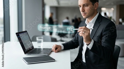 Businessman searching online with magnifying glass and laptop