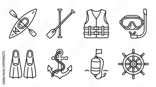 Minimalist black-and-white boating and diving icon set with kayak, paddle, life jacket, mask, flippers, rope, buoy, and wheel.