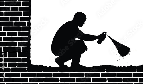 Graffiti artist spraying wall, urban street art silhouette, vandal concept illustration, creative expression, black stencil style, modern city culture design