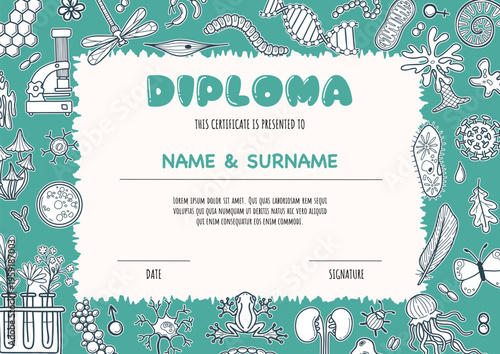 Monochrome school and preschool biology science diploma for kids and children in primary grades with doodle elements on purple background. Vector doodle certificate illustration