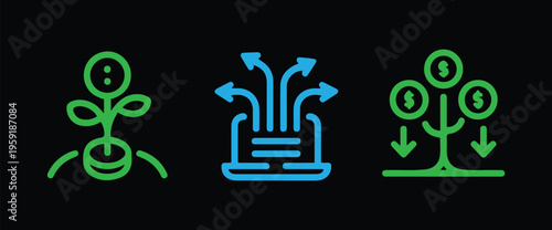 Money growth icons: plant with coins, money transfer from laptop, money tree, fund management
