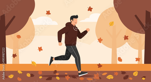Man jogging in autumn park with falling leaves, healthy lifestyle, outdoor activity