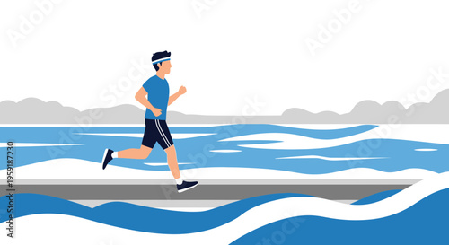 Man jogging by the water, healthy lifestyle, outdoor exercise, scenic view