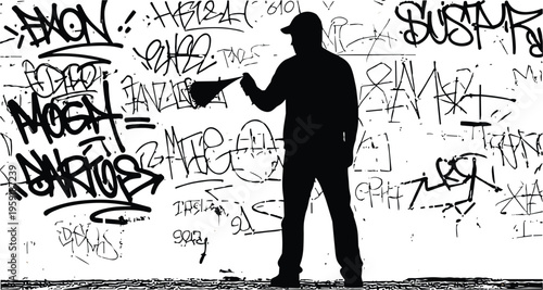 Graffiti street artist spraying urban wall, black silhouette illustration, vandal tags background, creative expression, street culture concept, modern edgy design