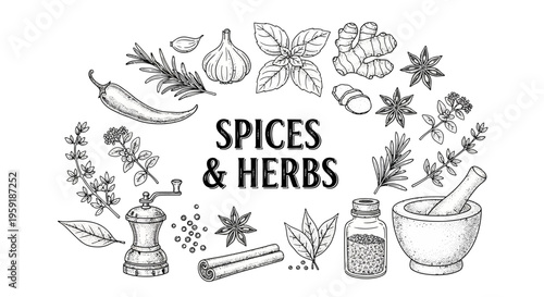 Spices and herbs illustration with mortar pepper mill and various seasonings in a circular pattern