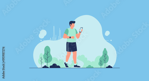 Man jogging in park checking smartwatch, healthy lifestyle, outdoor fitness, urban nature