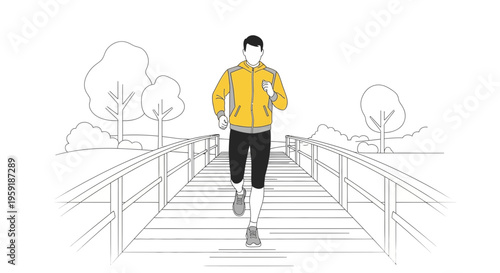 Man jogging on a wooden bridge in a park, healthy lifestyle, outdoor exercise