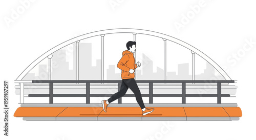 Man jogging on bridge with city skyline background, healthy lifestyle, urban running