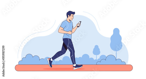 Man jogging outdoors with smartphone, tracking fitness, healthy lifestyle, park background