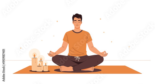 Man Meditating Calmly on Yoga Mat with Candles, Practicing Mindfulness and Inner Peace