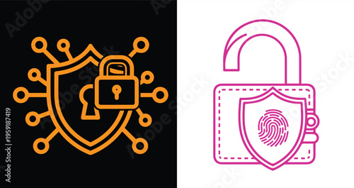 Digital security shield with lock and fingerprint icons