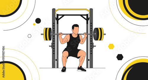 Man performing barbell squat in gym, strength training, fitness and exercise concept